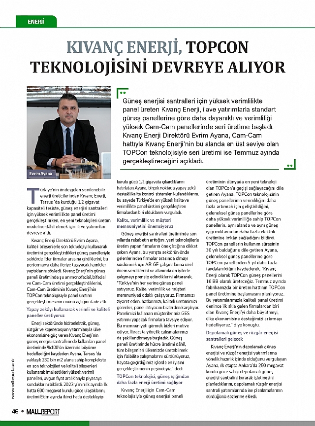 KIVANÇ ENERJİ, TOPCON TEKNOLOJİSİNİ DEVREYE ALIYOR